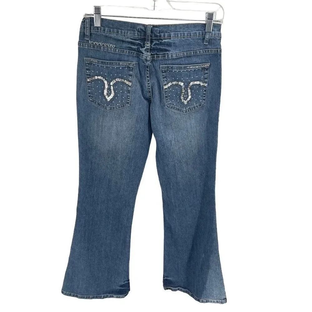 Vanilla star Women's Bootcut Jeans Beaded Pocket Mid Rise Denim Medium Wash Size - Picture 6 of 12